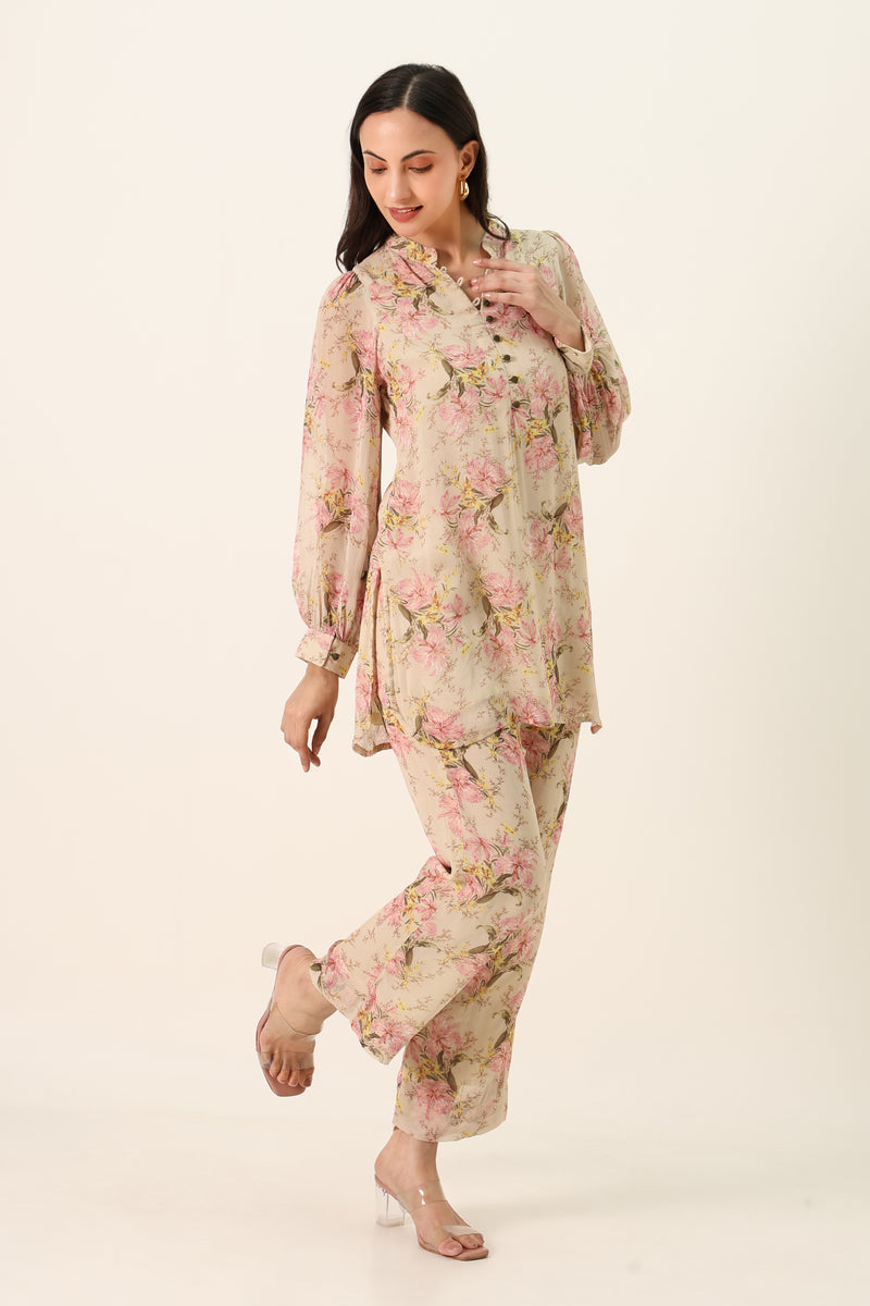 Cream Floral Print Chiffon Kurta & Straight Pants Co-ord Set