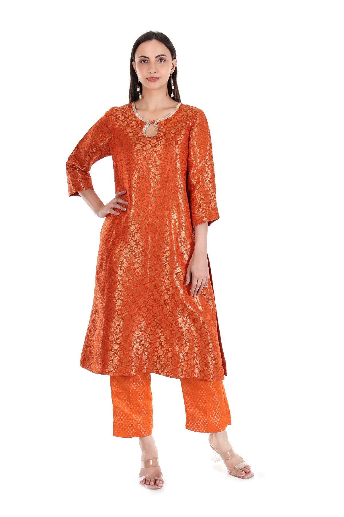 Front view of burnt orange gold-tone floral kurta with matching cropped trousers