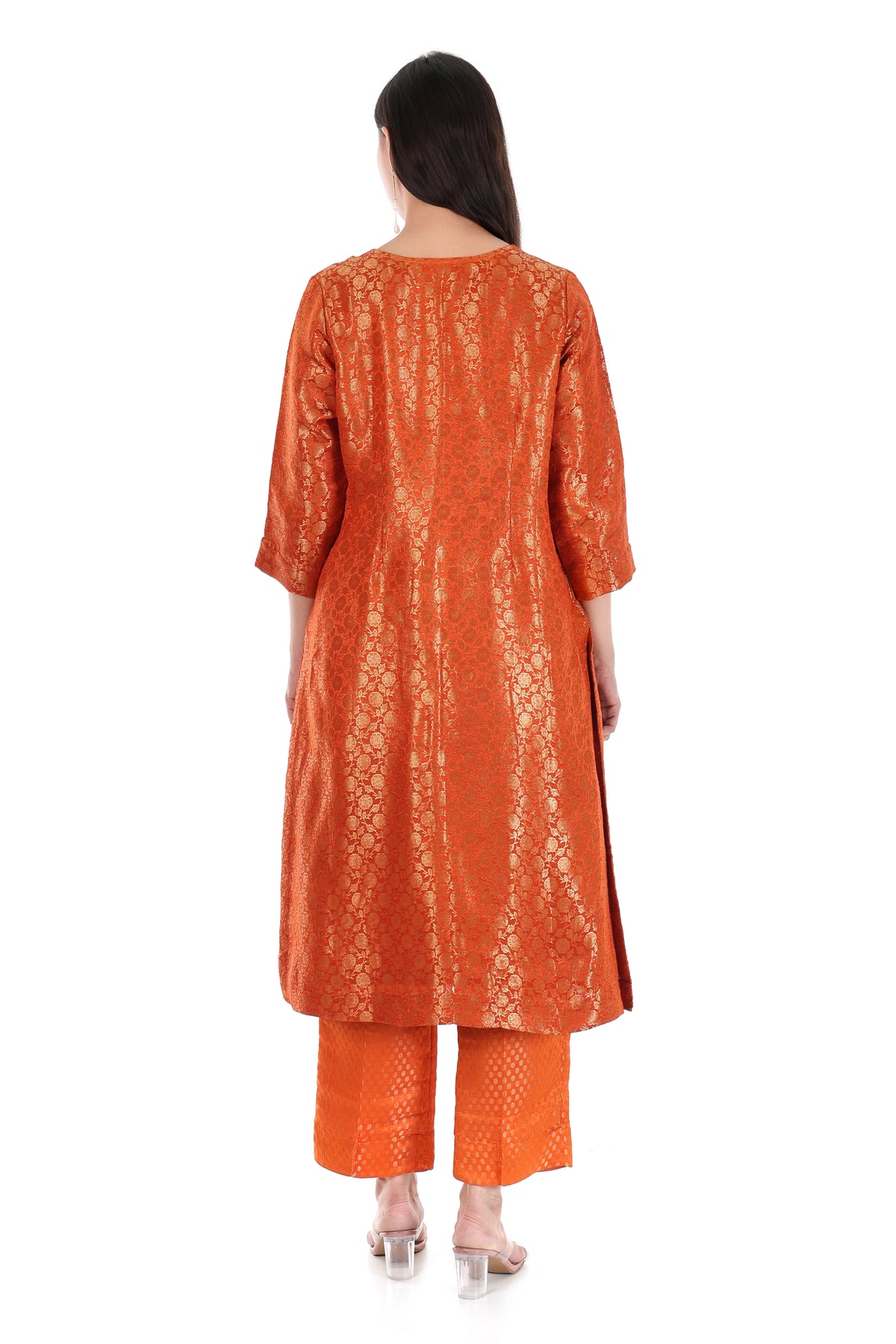 Burnt Orange Gold-Tone Floral Kurta & Trouser Set