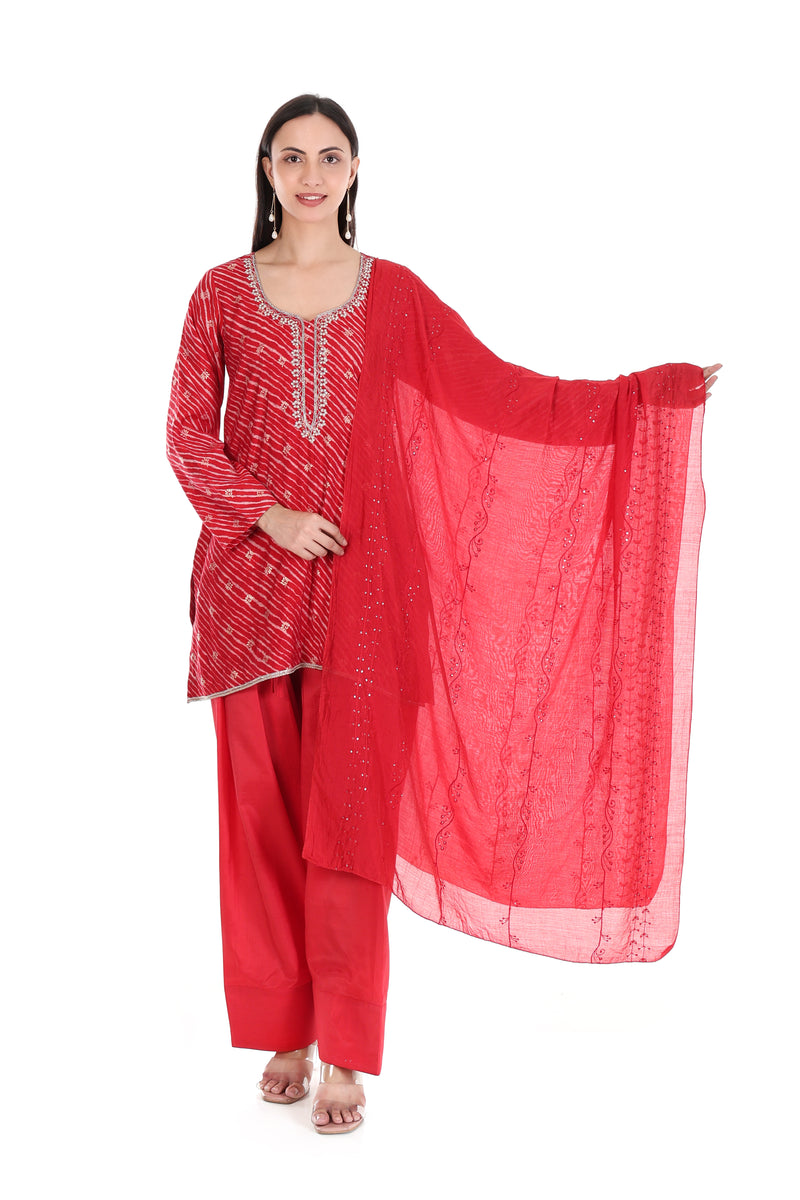 Front view of scarlet red striped kurta and trousers with sheer embroidered dupatta displayed