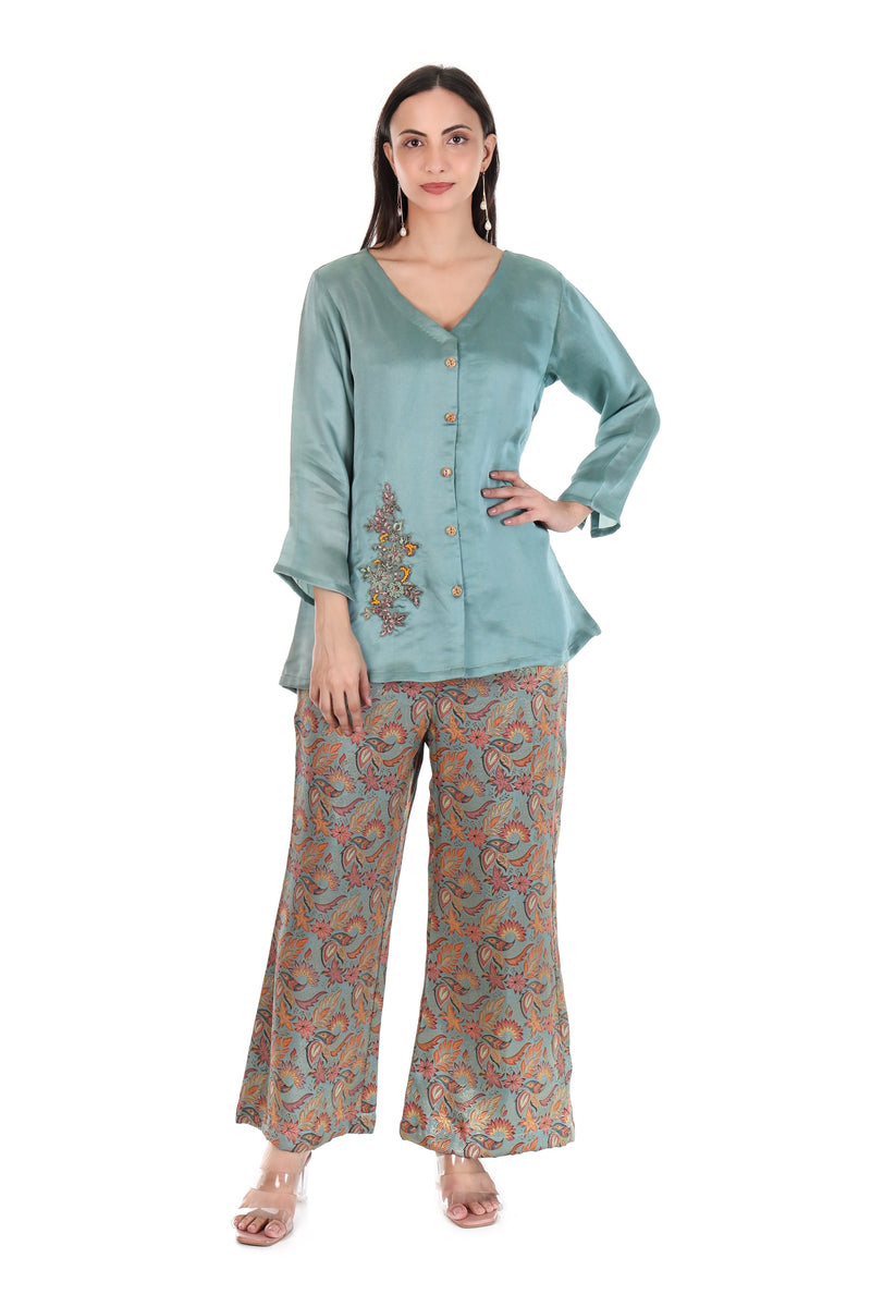 Sea Green Satin Kurti with Printed Palazzo Set