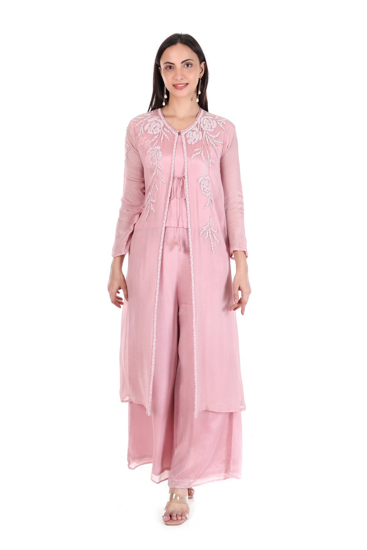 Front view of blush pink floral embroidered jacket with matching inner top and wide-leg palazzo trousers