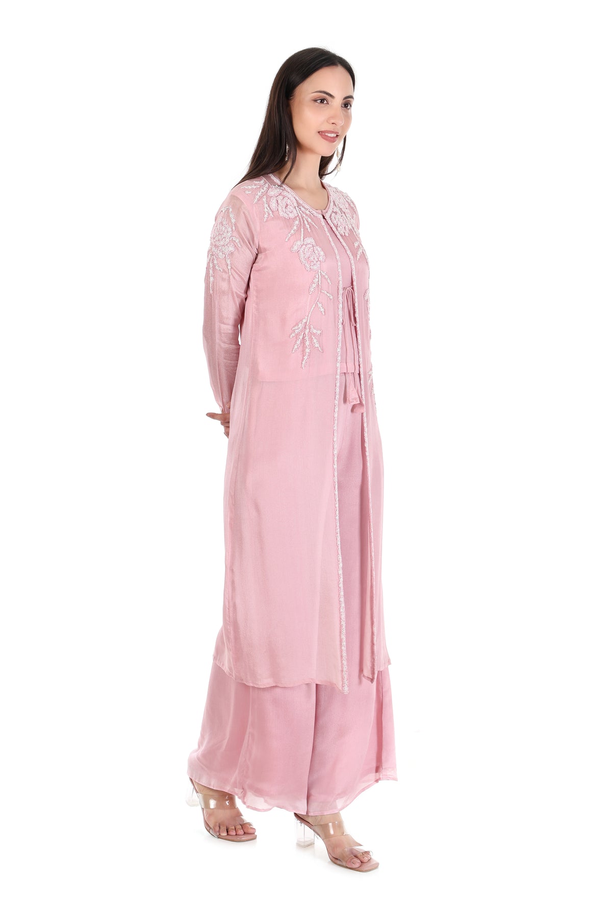 Side view of blush pink layered jacket and palazzo set