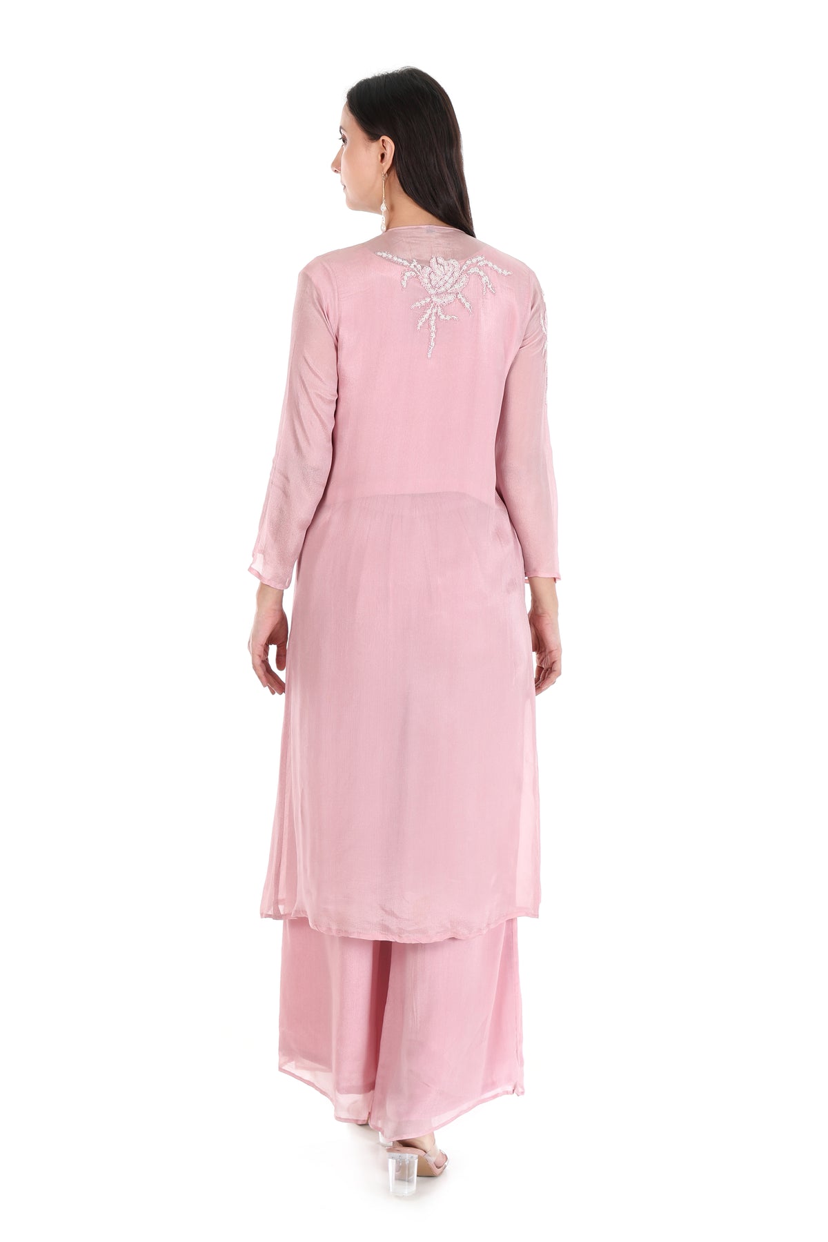Back view of blush pink jacket and palazzo set showing upper-back floral embroidery