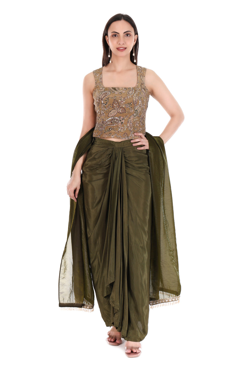 Olive Green Draped Skirt Co-ord Set with Gold Embroidered Corset Blouse & Dupatta