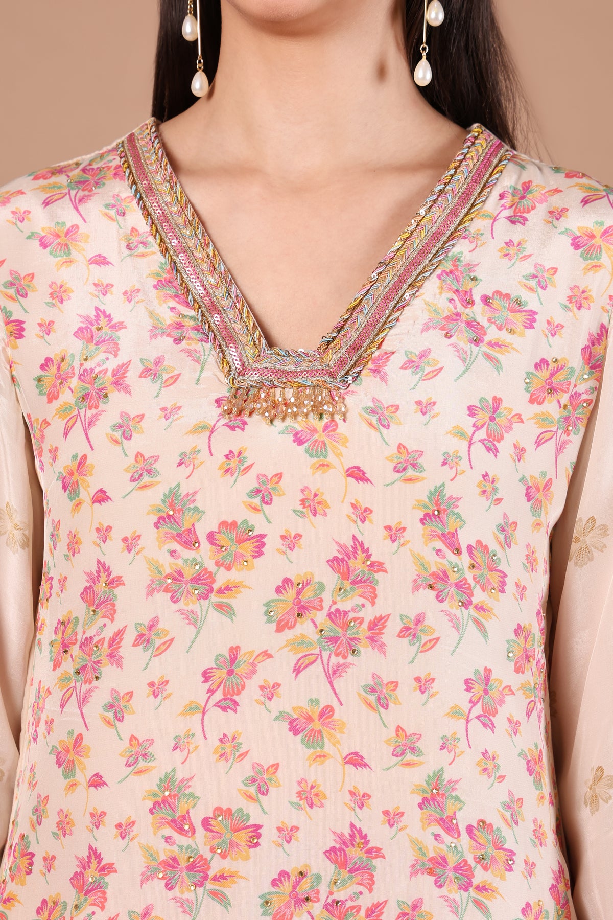 Ivory & Blush Floral Kurta Palazzo Set with Dupatta