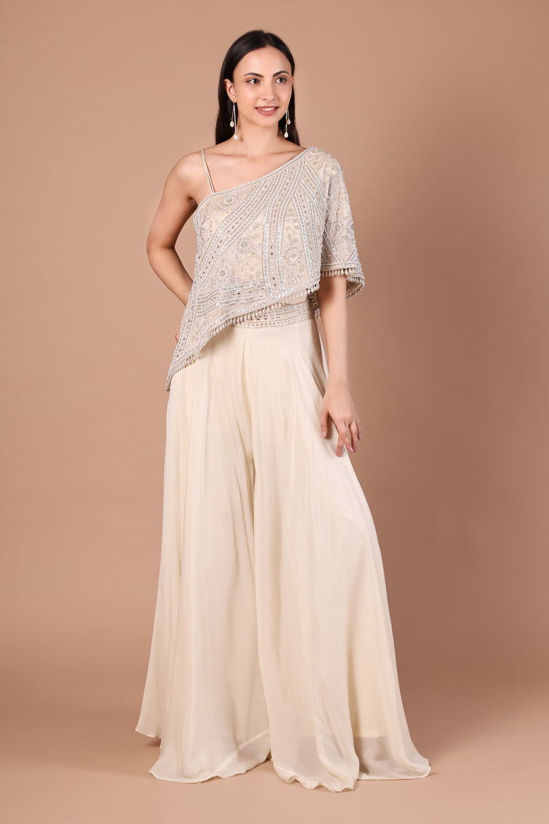 Ivory One-Shoulder Embroidered Cape Top & Palazzo Co-ord Set