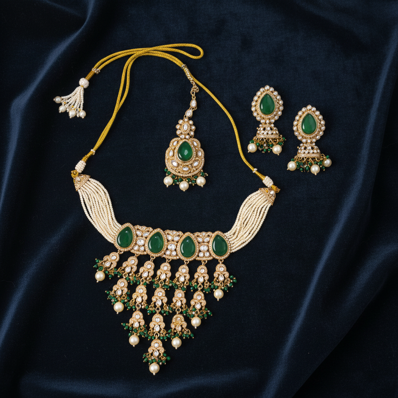 Emerald Pearl Kundan Necklace Set