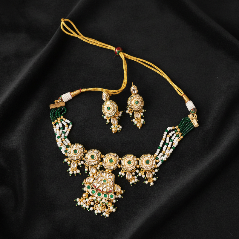 Green Pearl Kundan Necklace Set
