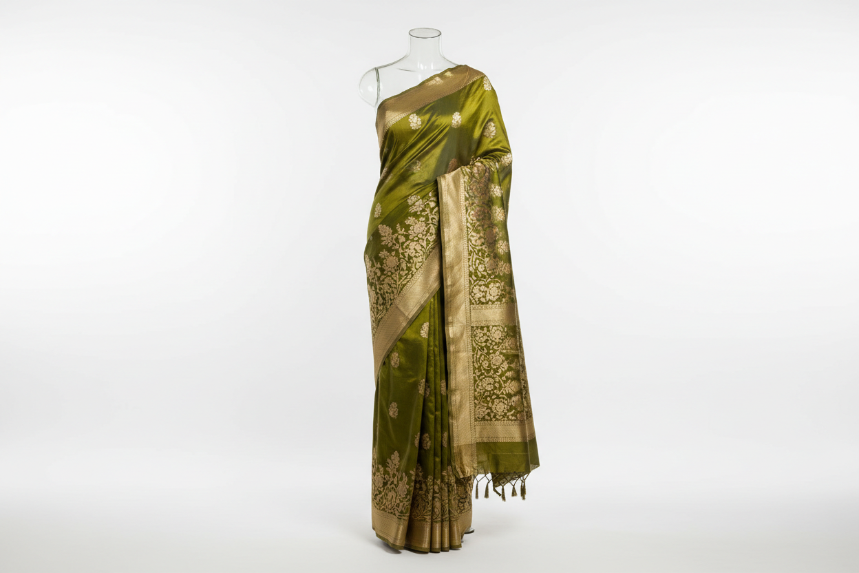 Olive Green Saree with Golden Zari Work