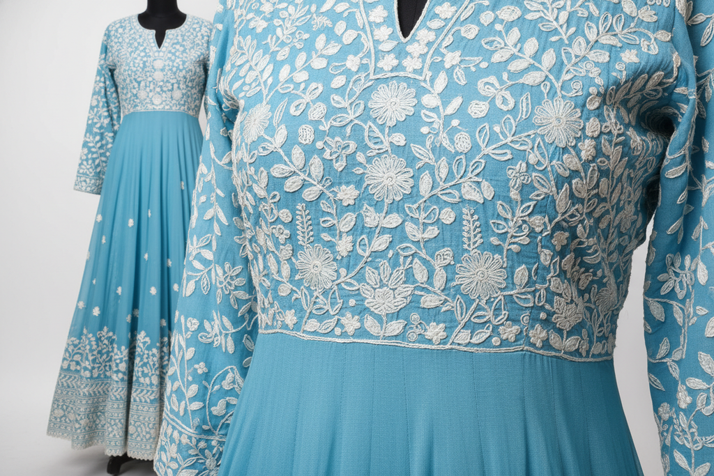 Sky Blue Anarkali Suit with White Chikankari Embroidery