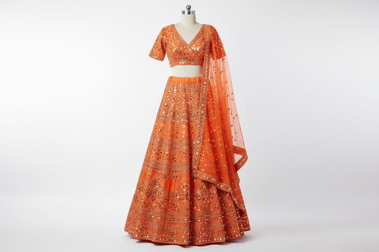 Orange Lehenga Choli with Traditional Mirror Work