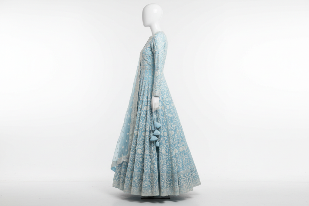 Sky Blue Anarkali Suit with White Chikankari Embroidery