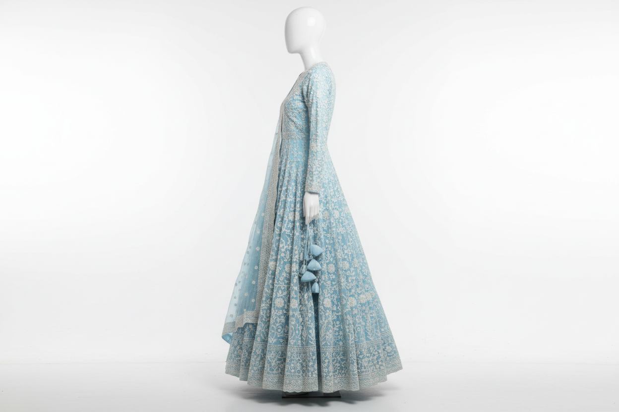 Sky Blue Anarkali Suit with White Chikankari Embroidery