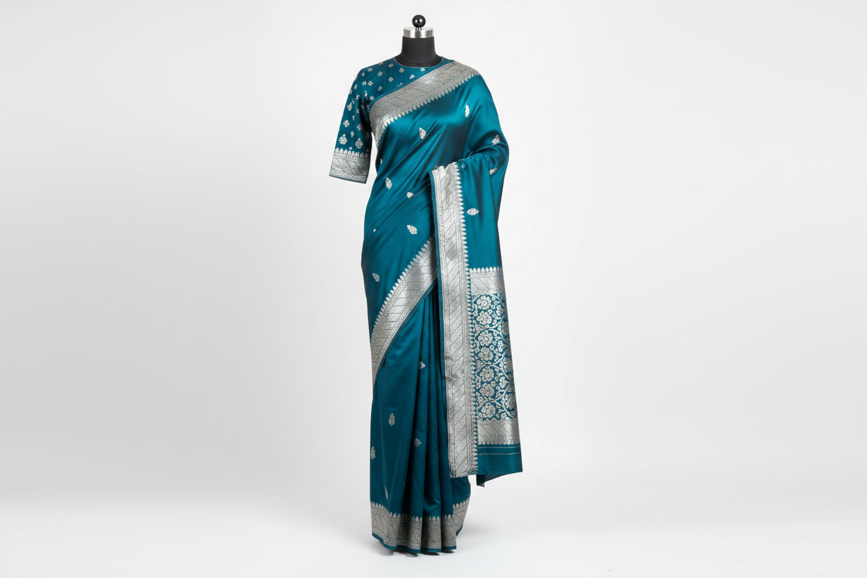 Teal Blue Silk Saree with Silver Border
