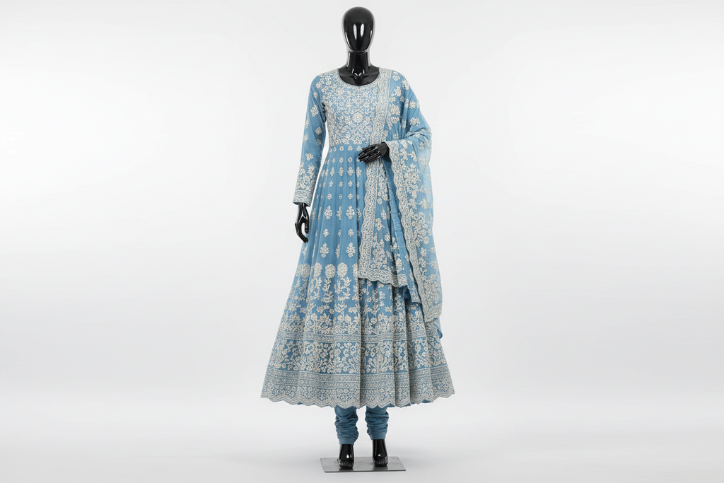 Sky Blue Anarkali Suit with White Chikankari Embroidery