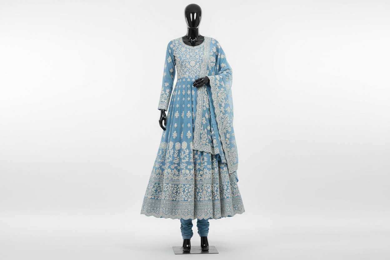 Sky Blue Anarkali Suit with White Chikankari Embroidery