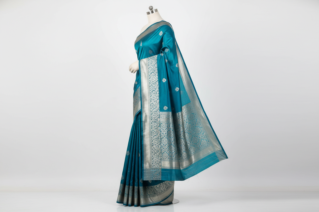 Teal Blue Silk Saree with Silver Border