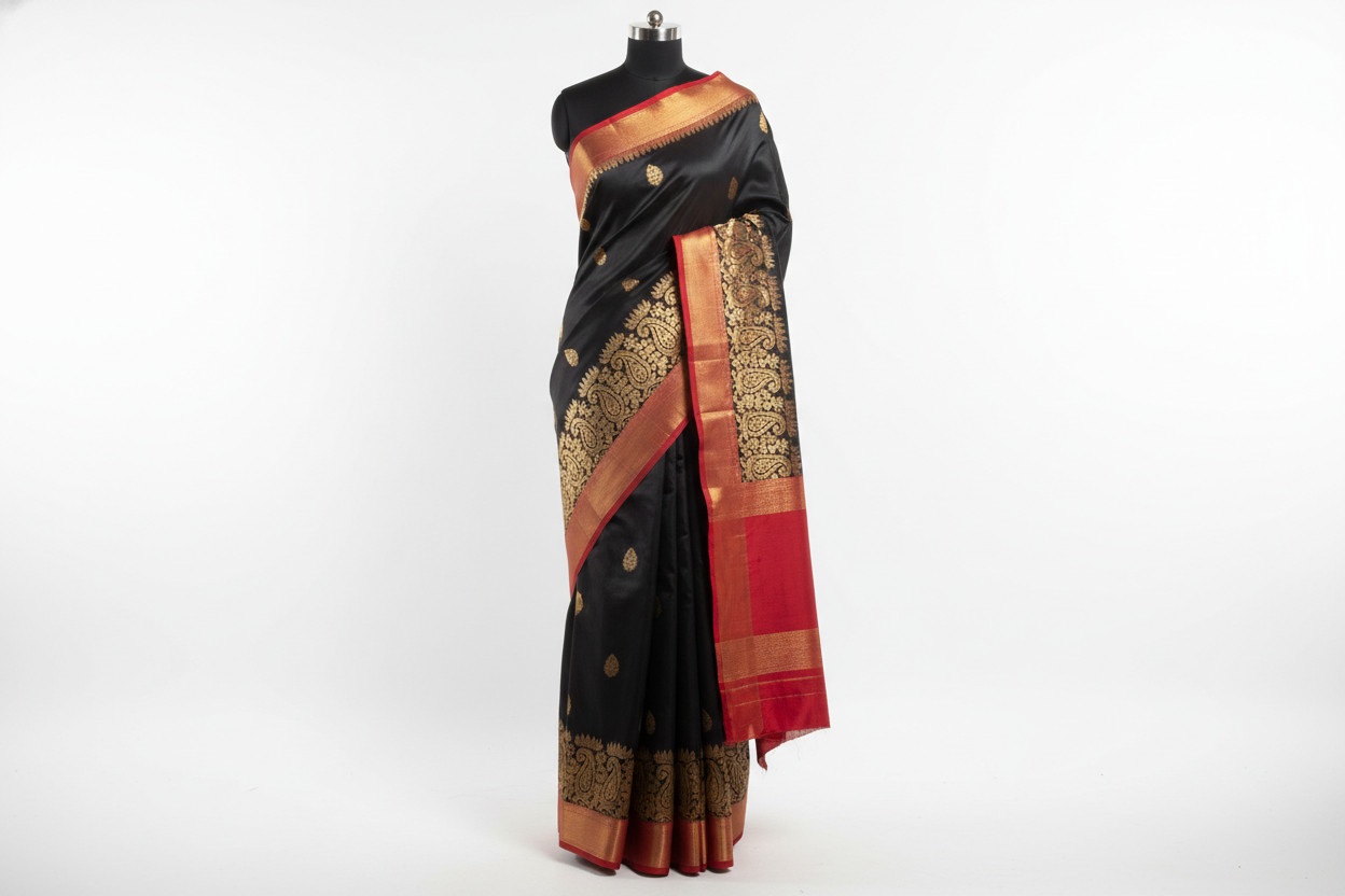 Black Saree with Red Border and Golden Motifs