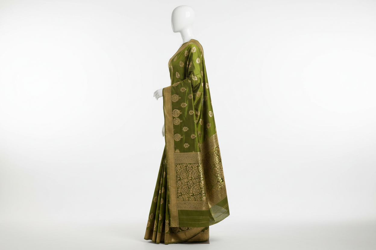 Olive Green Saree with Golden Zari Work