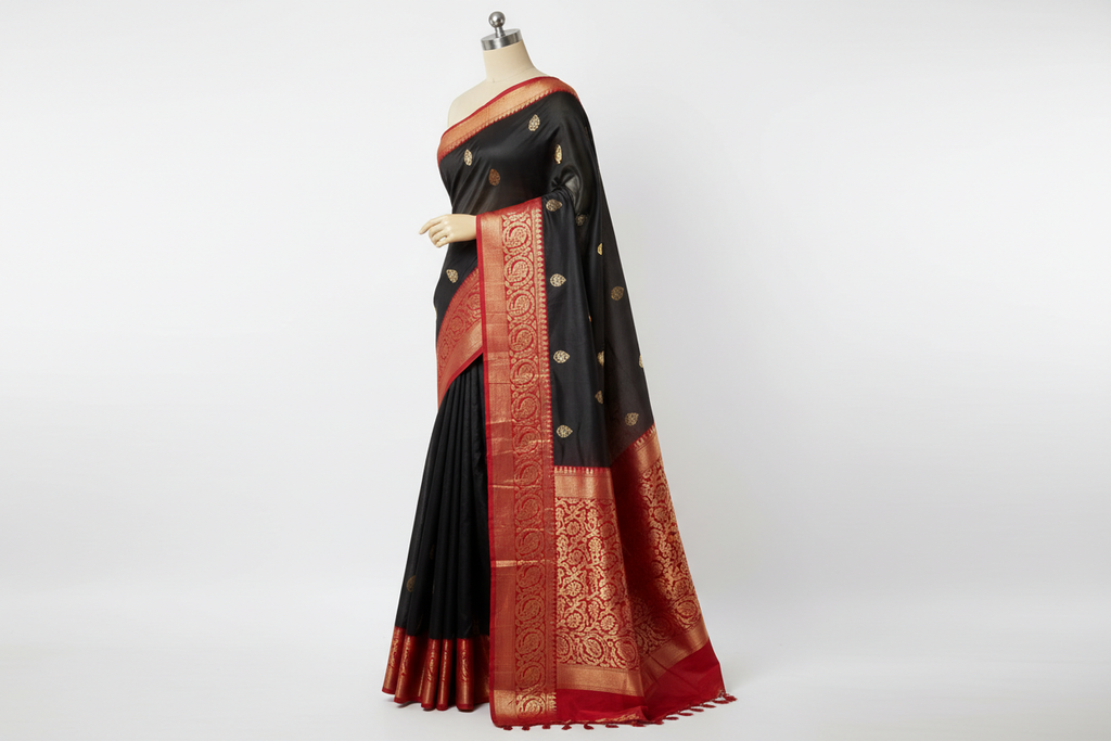 Black Saree with Red Border and Golden Motifs