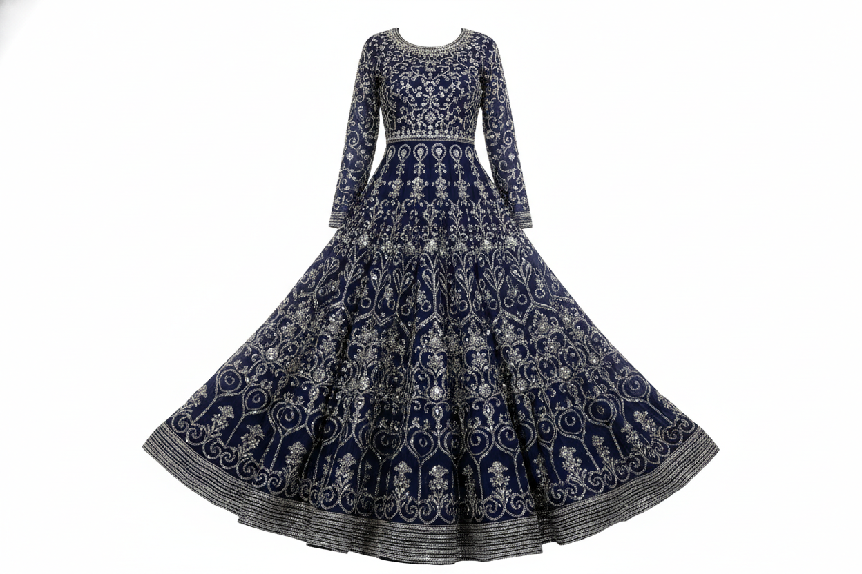 Navy Blue Gown Style Anarkali with Silver Embroidery