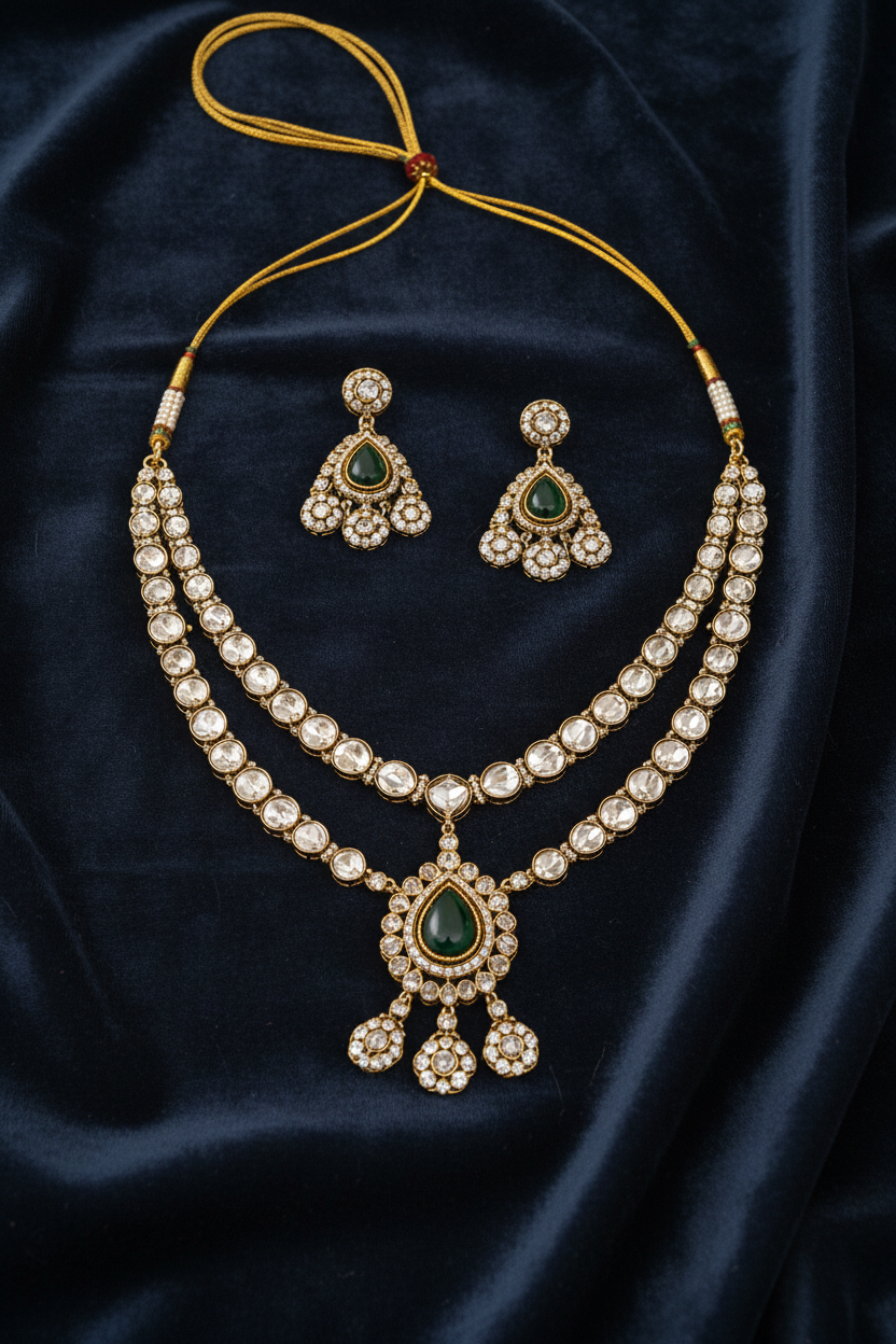 Polki Diamond Dori Necklace Set - Dark Velvet Background
