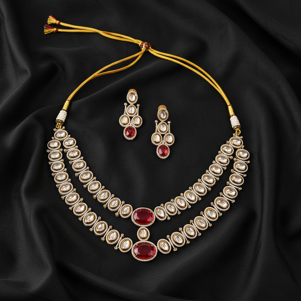 Polki Diamond Emerald Necklace Set