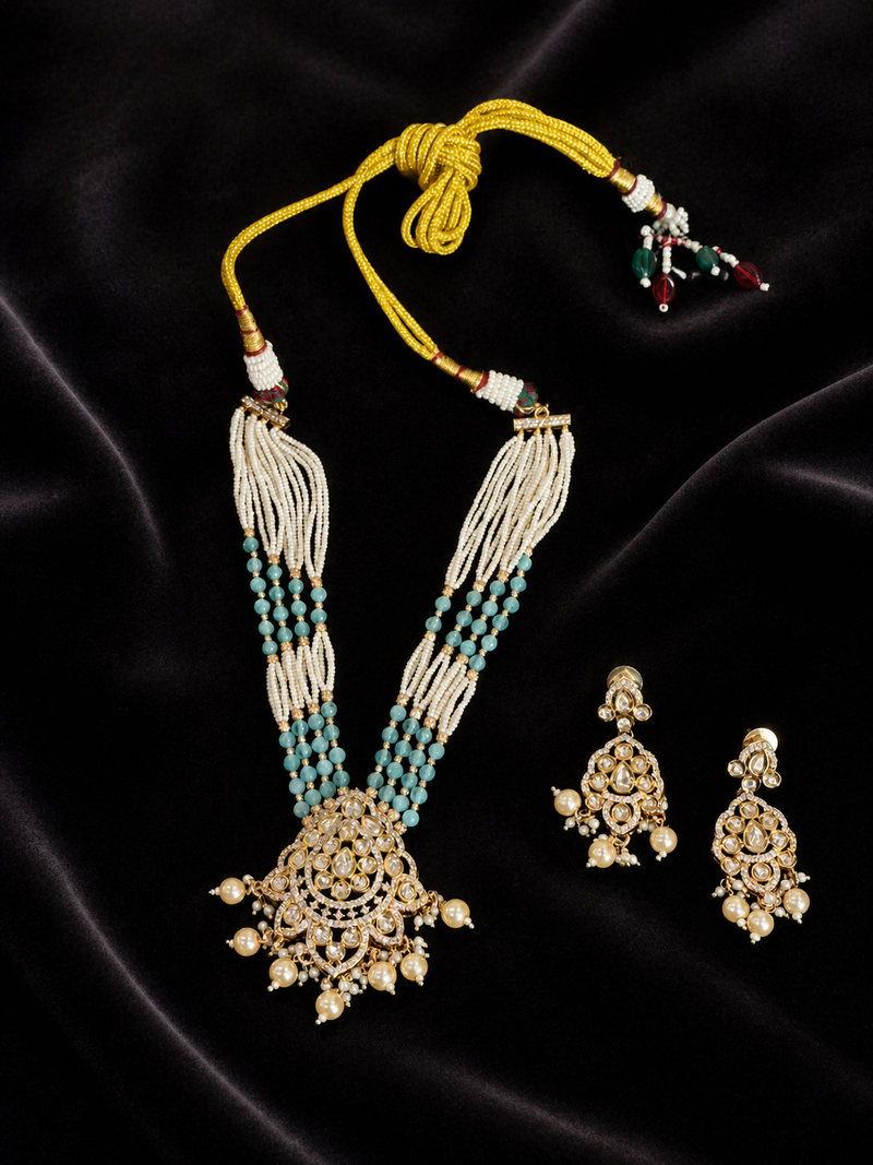 Pearl and Turquoise Beaded Necklace Set with Kundan Earrings