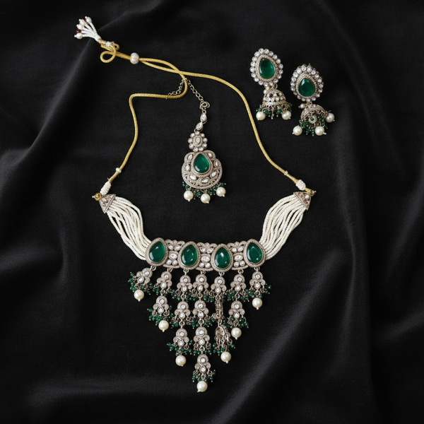 Royal Emerald Pearl Kundan Necklace Set