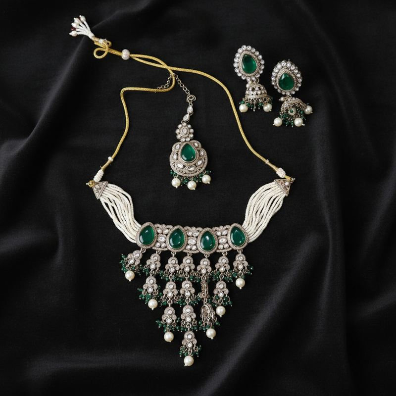 Royal Emerald Pearl Kundan Necklace Set