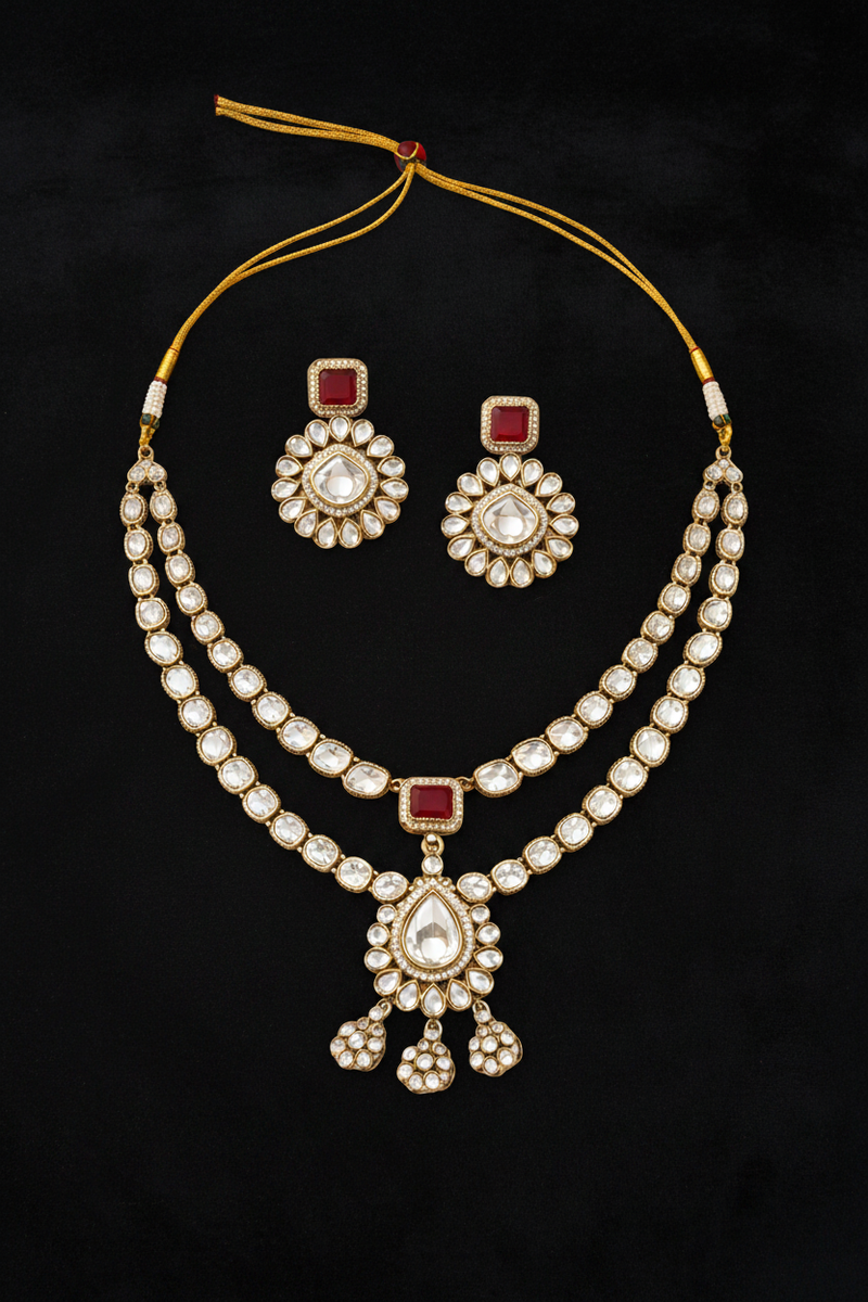 Ruby Polki Layered Necklace Set - Dark Velvet Background